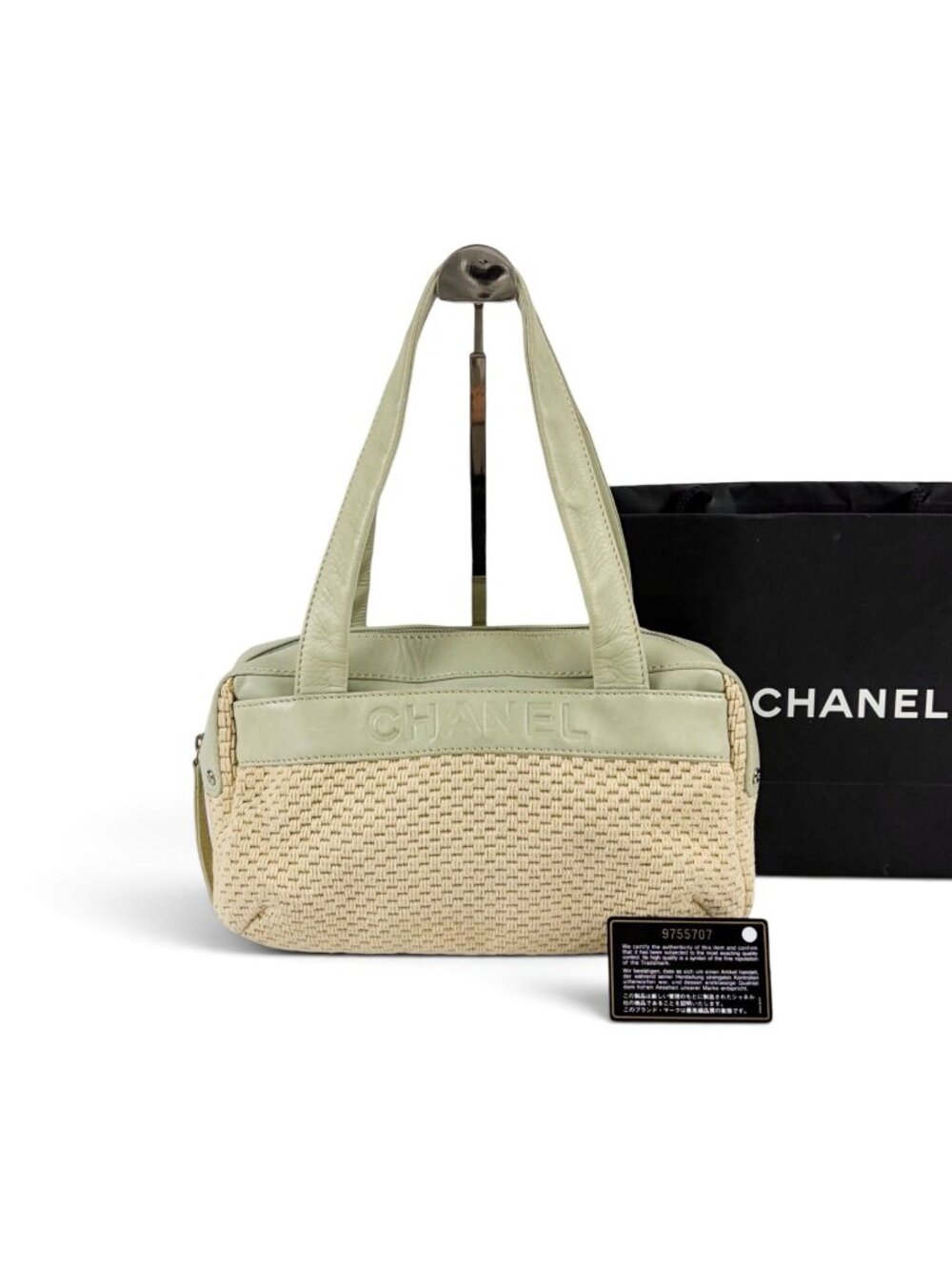 Chanel Raffia Lambskin Logo Mini Boston Bag Beige Green